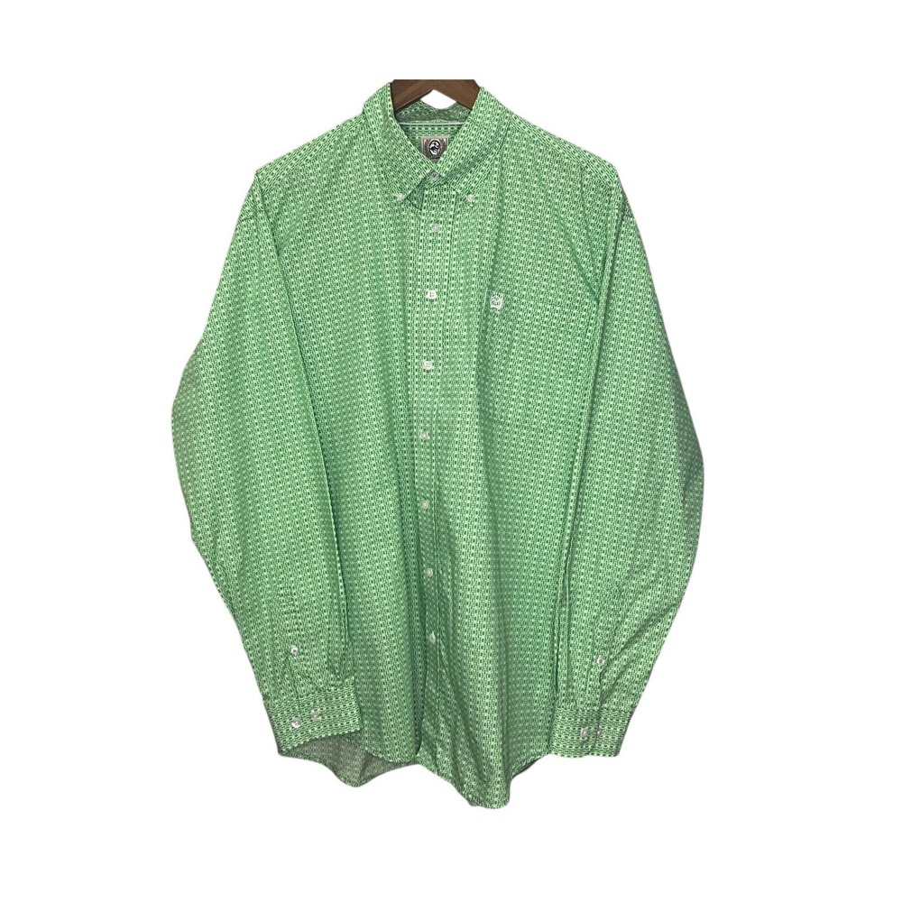Cinch Mens Button Down Long Sleeve Green Geometric Western 100% Cotton Large